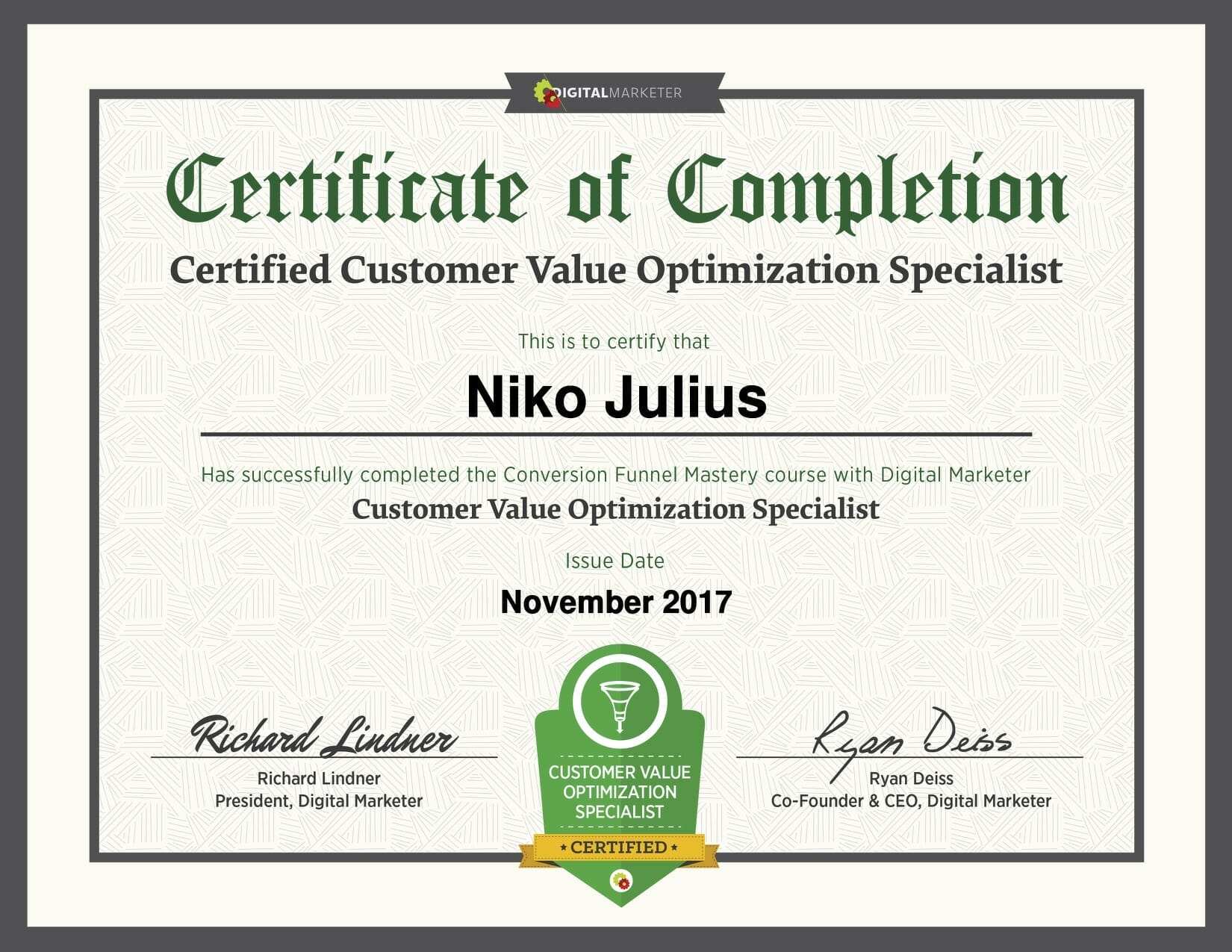 certified customer value optimization specialist